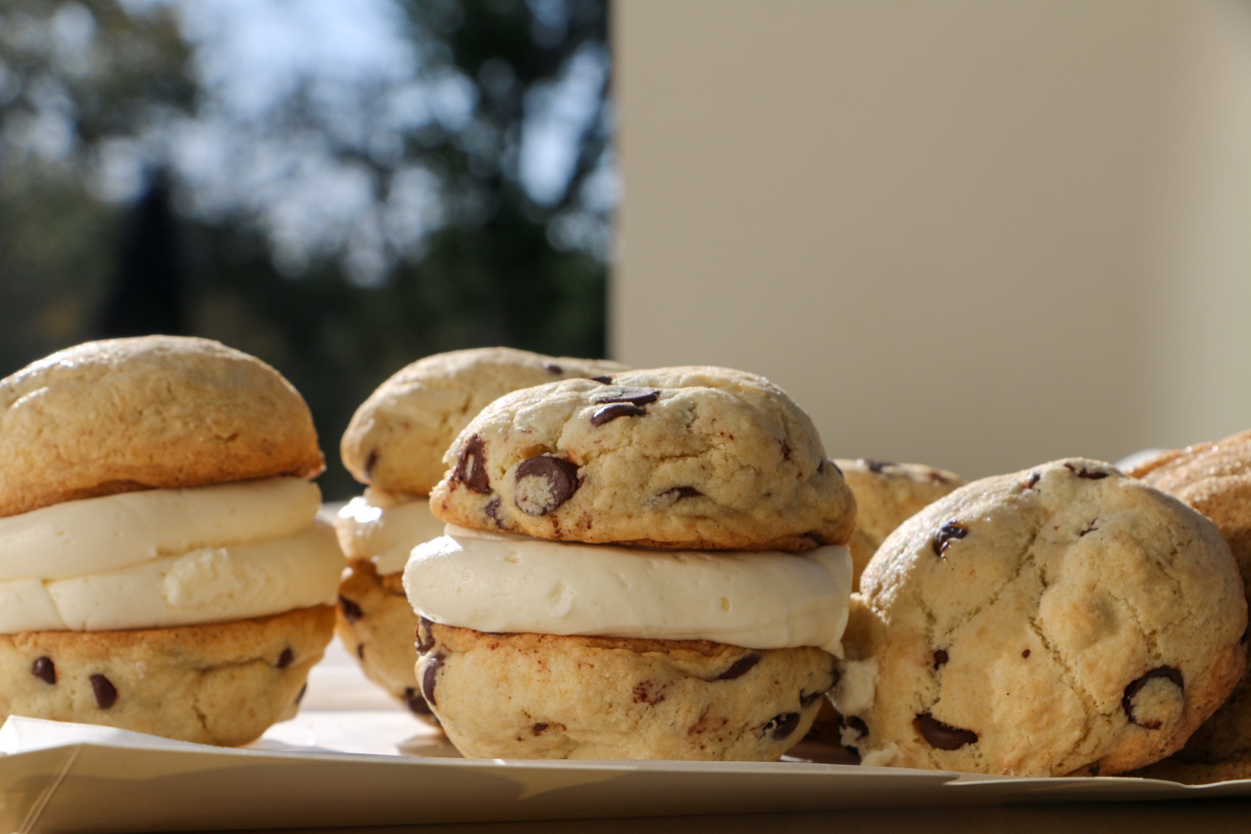 A close-up of Stella’s chocolate chip cookie sandwiches